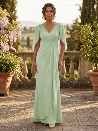 A-Line Chiffon Cape Sleeves Floor-Length Mother of the Bride & Groom Dresses with Ruched Waist