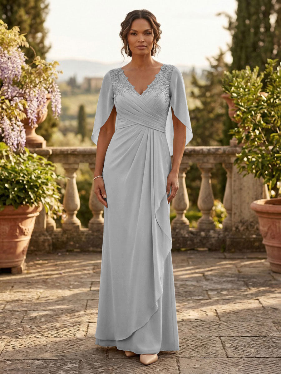 A-Line Chiffon Cape Sleeves Floor-Length Mother of the Bride & Groom Dresses with Ruched Waist