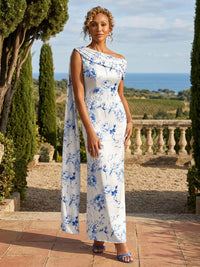 Sheath Chiffon Floral Print Off Shoulder Mother of the Bride & Groom Dresses with Draped Cape