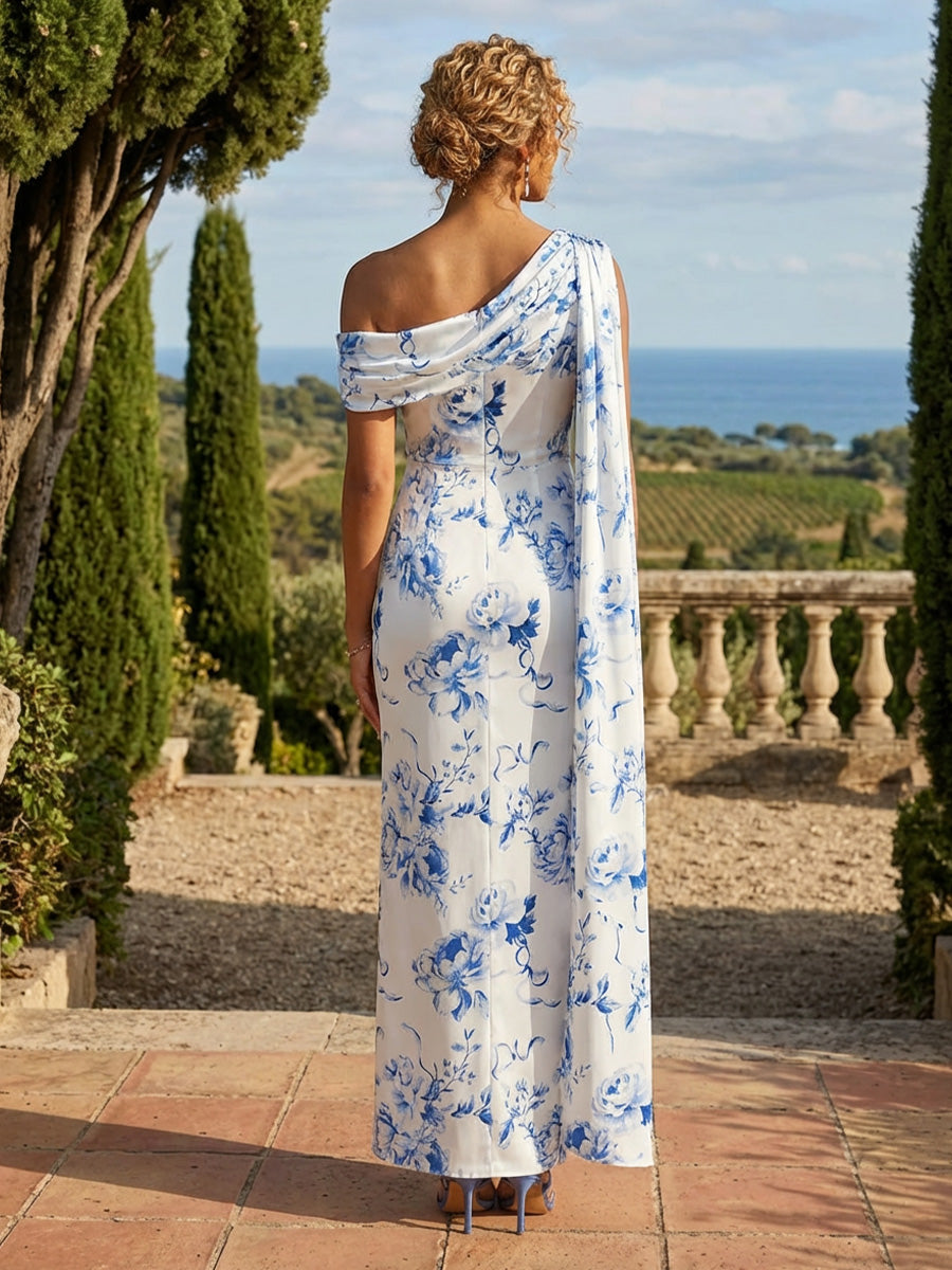 Sheath Chiffon Floral Print Off Shoulder Mother of the Bride & Groom Dresses with Draped Cape