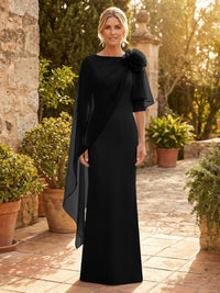 Sheath Satin 3/4 Sleeves Maxi Mother of the Bride & Groom Dresses with Chiffon Cape