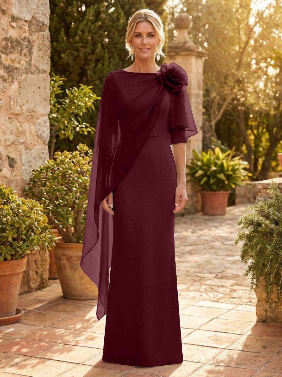 Sheath Satin 3/4 Sleeves Maxi Mother of the Bride & Groom Dresses with Chiffon Cape