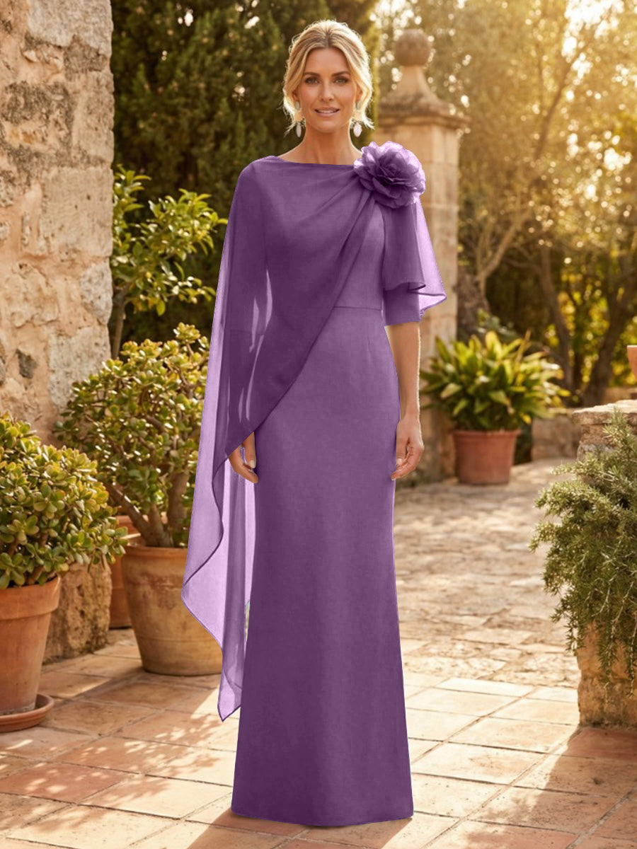 Sheath Satin 3/4 Sleeves Maxi Mother of the Bride & Groom Dresses with Chiffon Cape