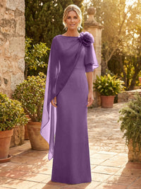 Sheath Satin 3/4 Sleeves Maxi Mother of the Bride & Groom Dresses with Chiffon Cape