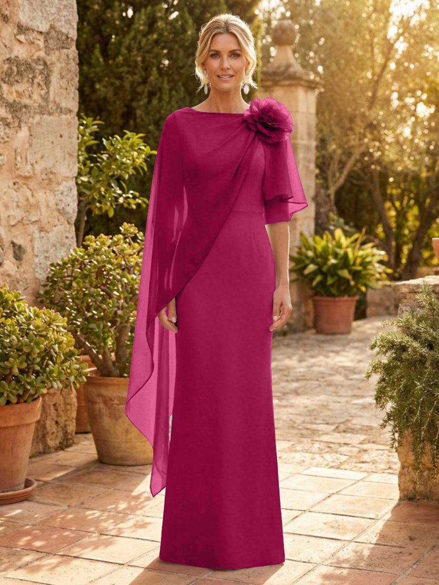 Sheath Satin 3/4 Sleeves Maxi Mother of the Bride & Groom Dresses with Chiffon Cape