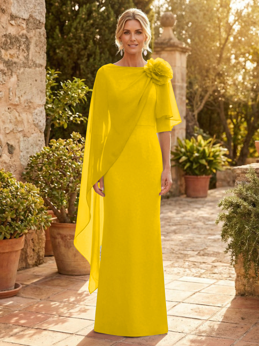 Sheath Satin 3/4 Sleeves Maxi Mother of the Bride & Groom Dresses with Chiffon Cape