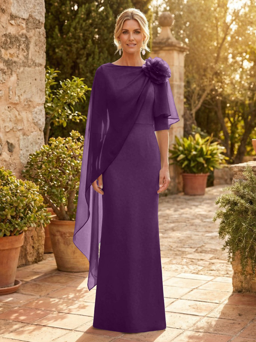 Sheath Satin 3/4 Sleeves Maxi Mother of the Bride & Groom Dresses with Chiffon Cape
