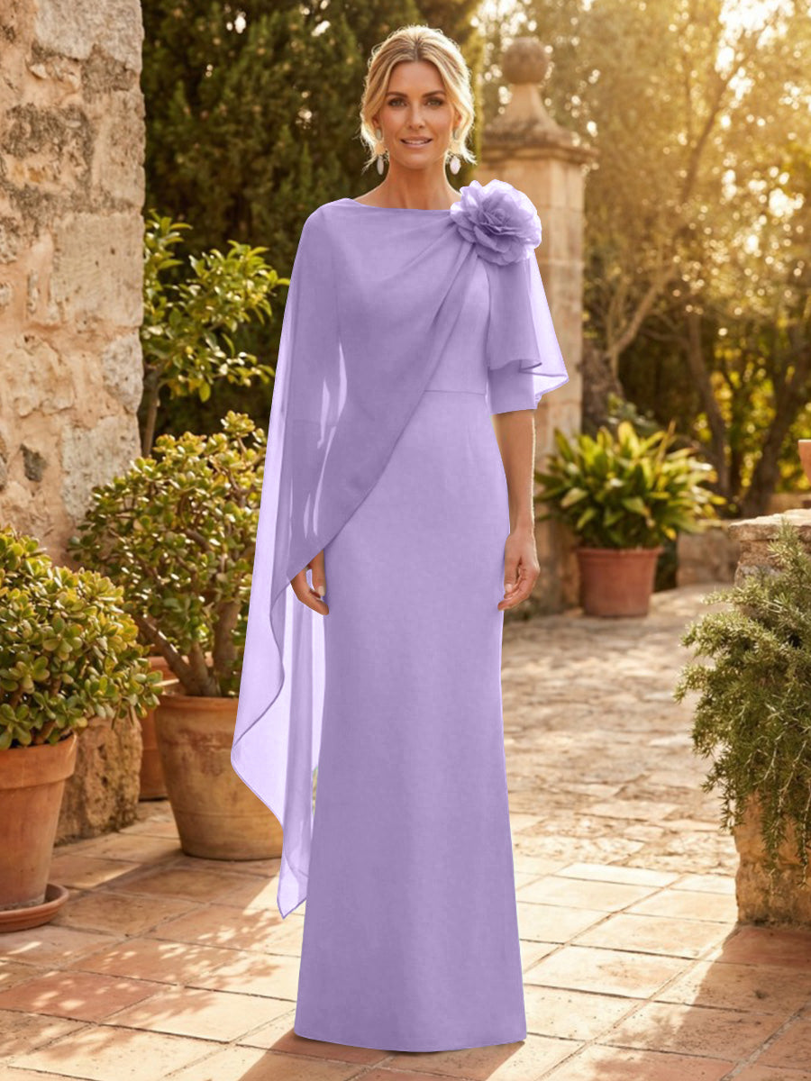 Sheath Satin 3/4 Sleeves Maxi Mother of the Bride & Groom Dresses with Chiffon Cape