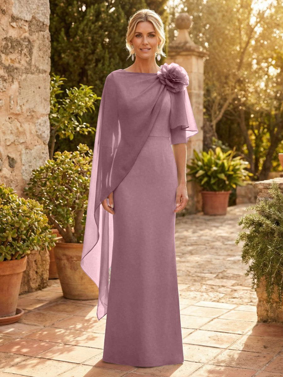 Sheath Satin 3/4 Sleeves Maxi Mother of the Bride & Groom Dresses with Chiffon Cape