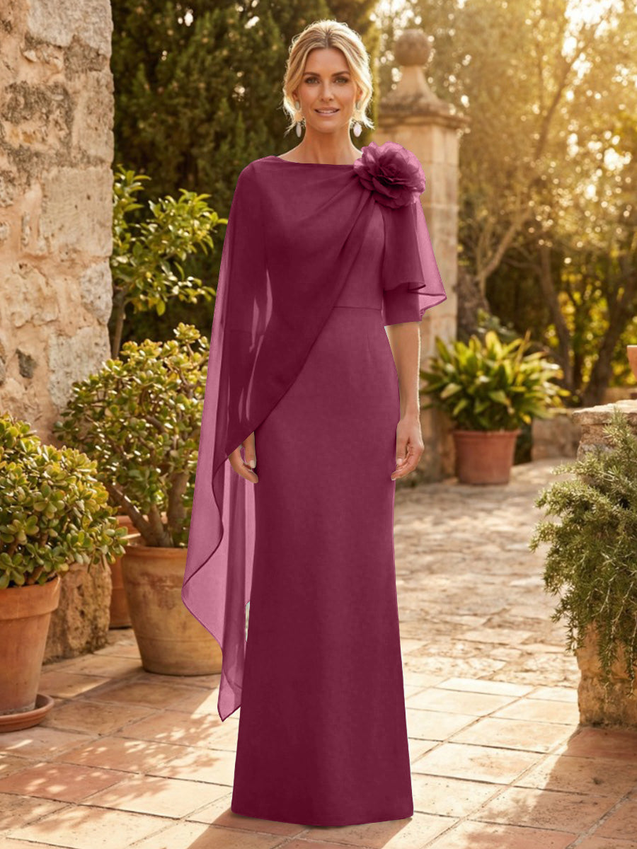 Sheath Satin 3/4 Sleeves Maxi Mother of the Bride & Groom Dresses with Chiffon Cape