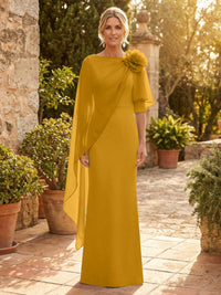 Sheath Satin 3/4 Sleeves Maxi Mother of the Bride & Groom Dresses with Chiffon Cape