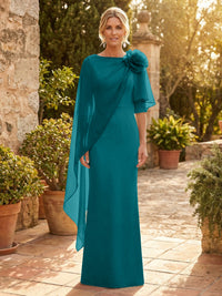 Sheath Satin 3/4 Sleeves Maxi Mother of the Bride & Groom Dresses with Chiffon Cape