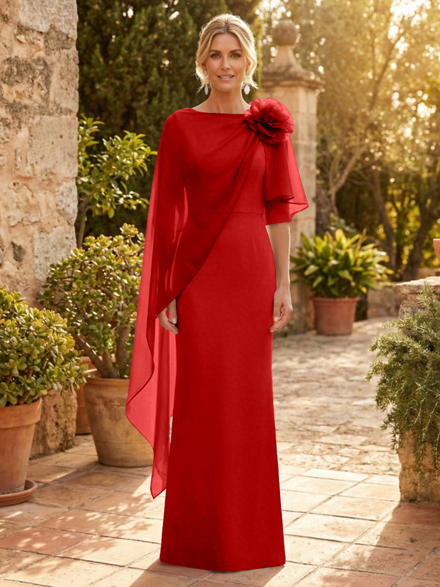 Sheath Satin 3/4 Sleeves Maxi Mother of the Bride & Groom Dresses with Chiffon Cape
