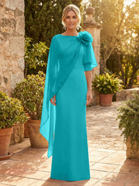 Sheath Satin 3/4 Sleeves Maxi Mother of the Bride & Groom Dresses with Chiffon Cape