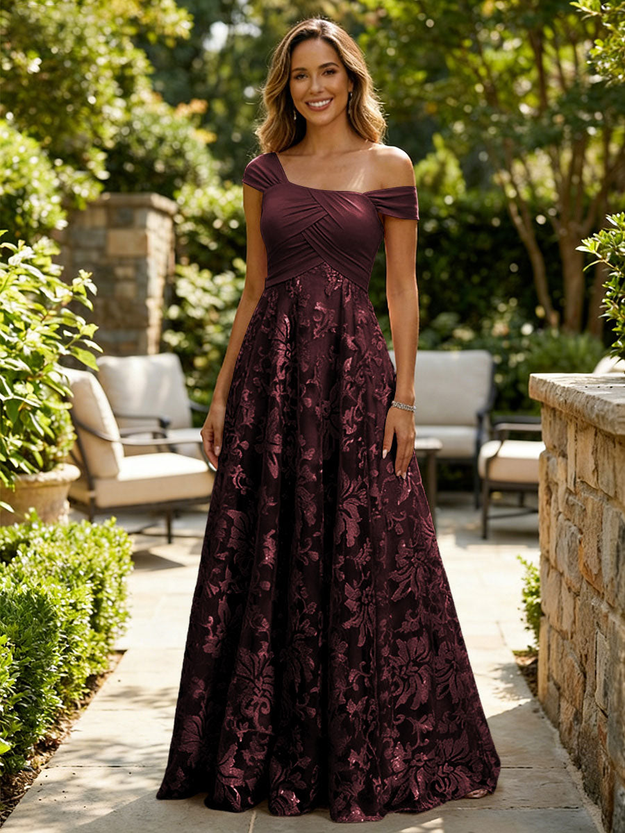 A-Line Lace Appliques Maxi Mother of the Bride & Groom Dresses with Off Shoulder Satin Bodice