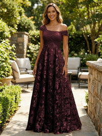 A-Line Lace Appliques Maxi Mother of the Bride & Groom Dresses with Off Shoulder Satin Bodice