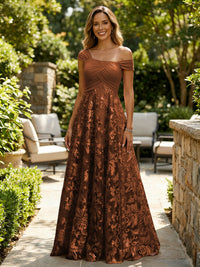 A-Line Lace Appliques Maxi Mother of the Bride & Groom Dresses with Off Shoulder Satin Bodice