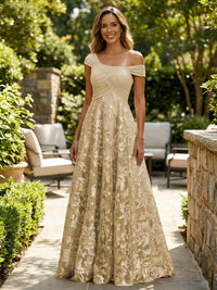 A-Line Lace Appliques Maxi Mother of the Bride & Groom Dresses with Off Shoulder Satin Bodice
