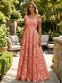 A-Line Lace Appliques Maxi Mother of the Bride & Groom Dresses with Off Shoulder Satin Bodice