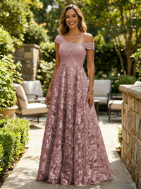 A-Line Lace Appliques Maxi Mother of the Bride & Groom Dresses with Off Shoulder Satin Bodice
