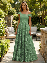 A-Line Lace Appliques Maxi Mother of the Bride & Groom Dresses with Off Shoulder Satin Bodice