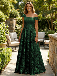A-Line Lace Appliques Maxi Mother of the Bride & Groom Dresses with Off Shoulder Satin Bodice