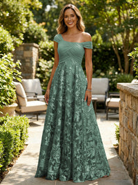 A-Line Lace Appliques Maxi Mother of the Bride & Groom Dresses with Off Shoulder Satin Bodice