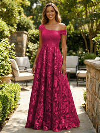 A-Line Lace Appliques Maxi Mother of the Bride & Groom Dresses with Off Shoulder Satin Bodice
