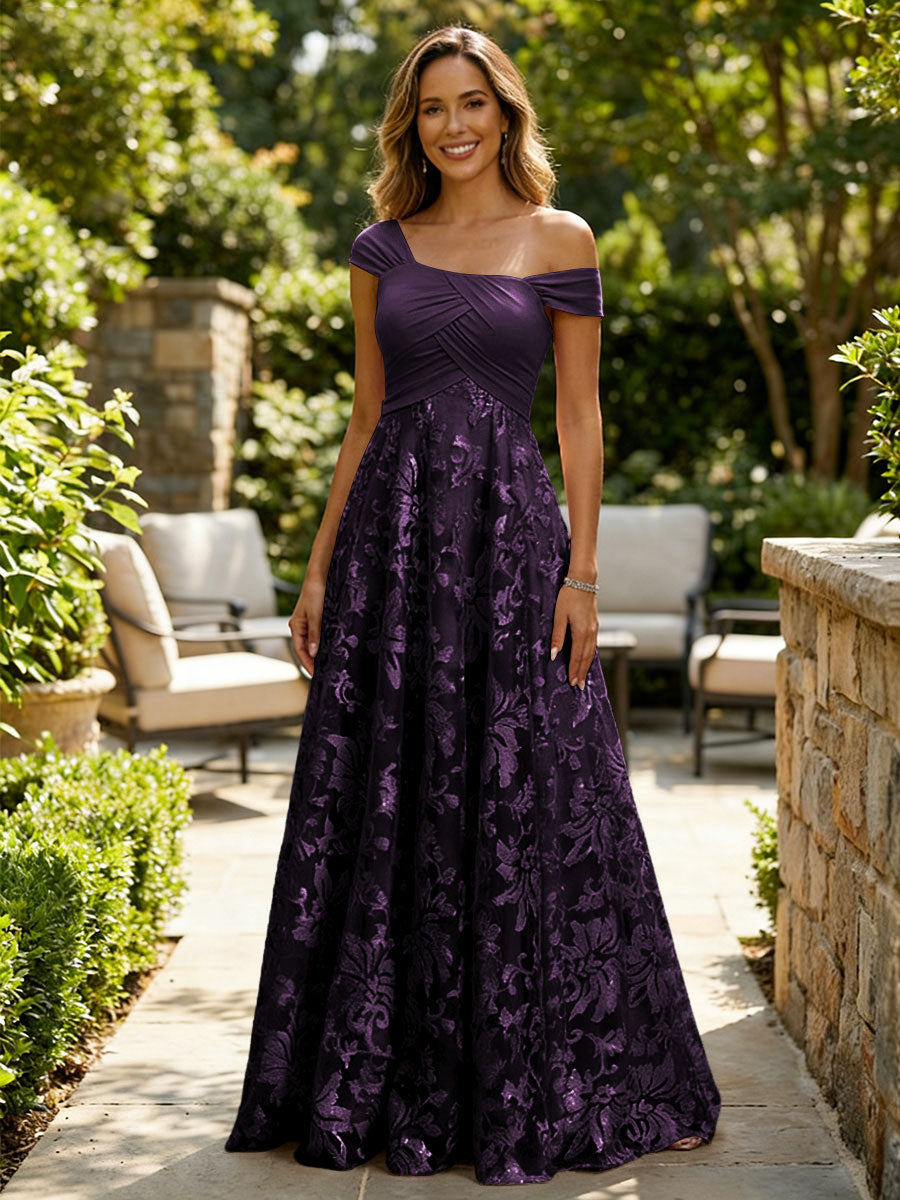 A-Line Lace Appliques Maxi Mother of the Bride & Groom Dresses with Off Shoulder Satin Bodice
