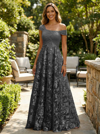 A-Line Lace Appliques Maxi Mother of the Bride & Groom Dresses with Off Shoulder Satin Bodice