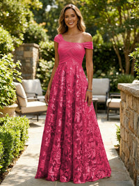 A-Line Lace Appliques Maxi Mother of the Bride & Groom Dresses with Off Shoulder Satin Bodice