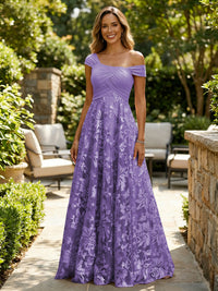 A-Line Lace Appliques Maxi Mother of the Bride & Groom Dresses with Off Shoulder Satin Bodice