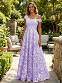 A-Line Lace Appliques Maxi Mother of the Bride & Groom Dresses with Off Shoulder Satin Bodice