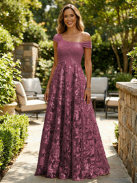 A-Line Lace Appliques Maxi Mother of the Bride & Groom Dresses with Off Shoulder Satin Bodice