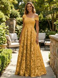 A-Line Lace Appliques Maxi Mother of the Bride & Groom Dresses with Off Shoulder Satin Bodice