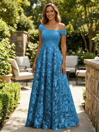 A-Line Lace Appliques Maxi Mother of the Bride & Groom Dresses with Off Shoulder Satin Bodice