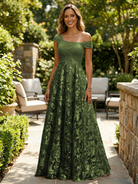 A-Line Lace Appliques Maxi Mother of the Bride & Groom Dresses with Off Shoulder Satin Bodice