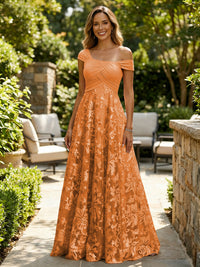 A-Line Lace Appliques Maxi Mother of the Bride & Groom Dresses with Off Shoulder Satin Bodice