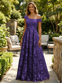 A-Line Lace Appliques Maxi Mother of the Bride & Groom Dresses with Off Shoulder Satin Bodice