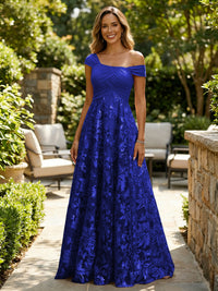 A-Line Lace Appliques Maxi Mother of the Bride & Groom Dresses with Off Shoulder Satin Bodice