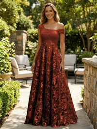 A-Line Lace Appliques Maxi Mother of the Bride & Groom Dresses with Off Shoulder Satin Bodice