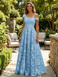 A-Line Lace Appliques Maxi Mother of the Bride & Groom Dresses with Off Shoulder Satin Bodice