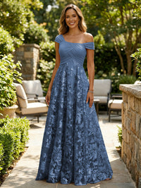 A-Line Lace Appliques Maxi Mother of the Bride & Groom Dresses with Off Shoulder Satin Bodice