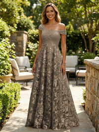 A-Line Lace Appliques Maxi Mother of the Bride & Groom Dresses with Off Shoulder Satin Bodice