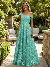 A-Line Lace Appliques Maxi Mother of the Bride & Groom Dresses with Off Shoulder Satin Bodice