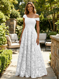 A-Line Lace Appliques Maxi Mother of the Bride & Groom Dresses with Off Shoulder Satin Bodice
