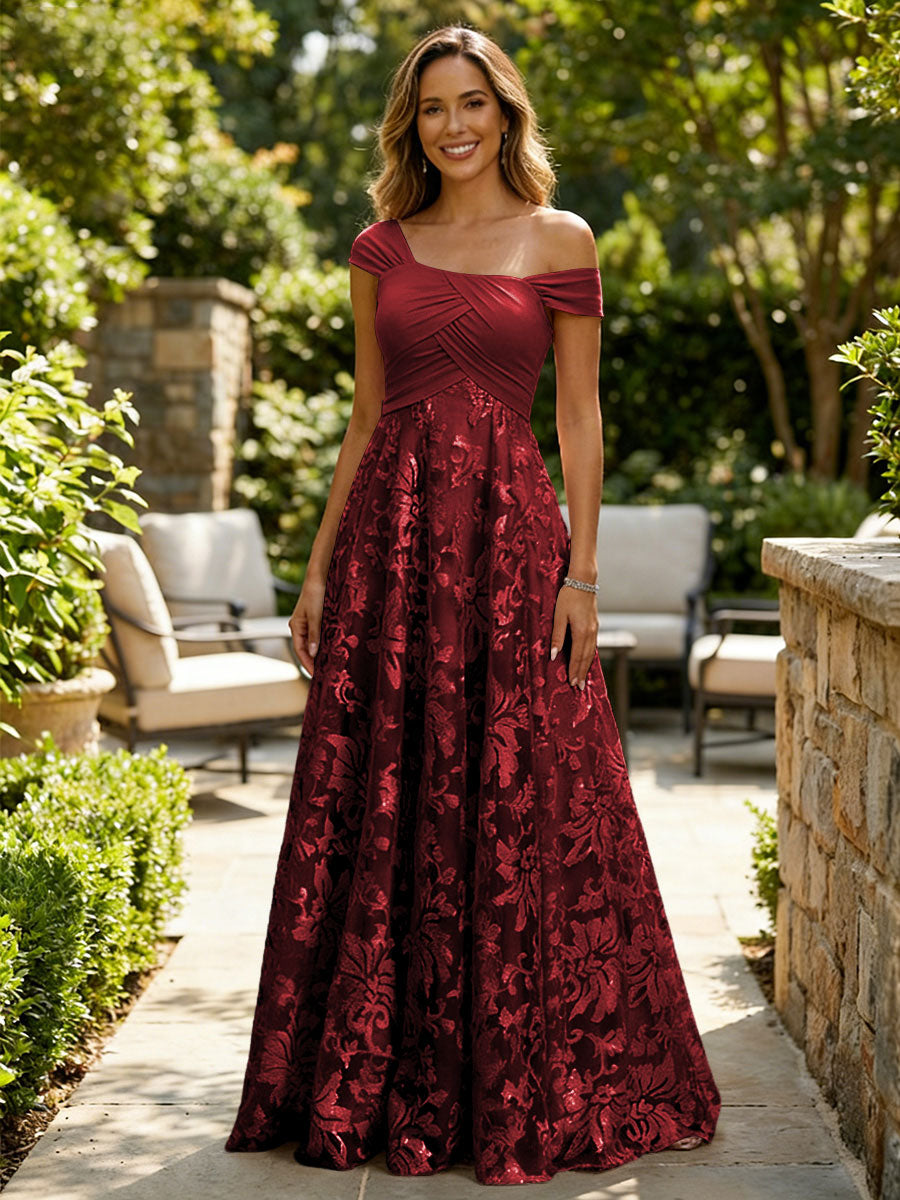 A-Line Lace Appliques Maxi Mother of the Bride & Groom Dresses with Off Shoulder Satin Bodice