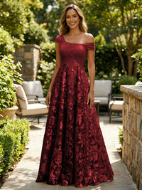 A-Line Lace Appliques Maxi Mother of the Bride & Groom Dresses with Off Shoulder Satin Bodice