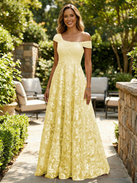 A-Line Lace Appliques Maxi Mother of the Bride & Groom Dresses with Off Shoulder Satin Bodice