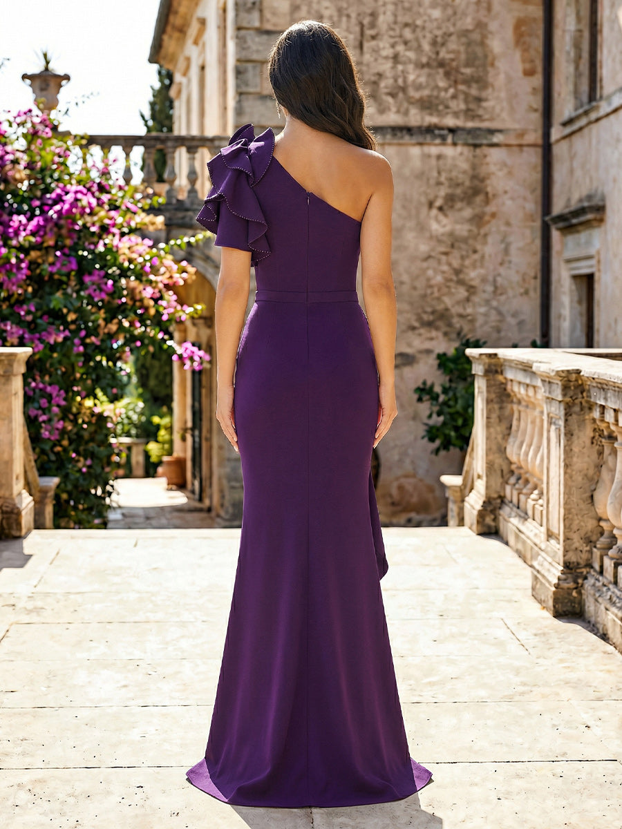 Sheath Satin One Shoulder Mother of the Bride & Groom Dresses with Ruffles